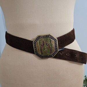 Golden Hands Suede Leather Belt Ornate Peacock Buckle Octagon‎ Vintage Western